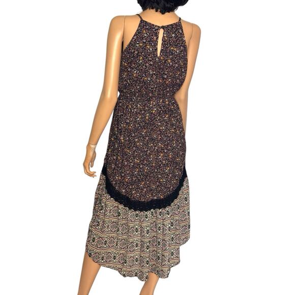 Boho Hi Low Halter Dress XS Brown Floral Dark Prairie Earthy Whimsigoth Hippie - Picture 4 of 16